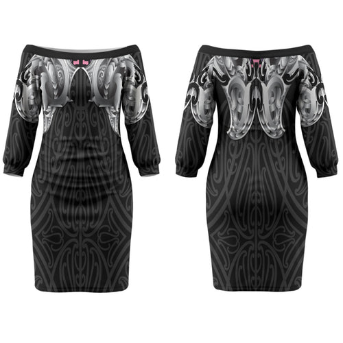 Aotearoa Kowhaiwhai Poutama Rainbow Motif Couples Matching Off The Shoulder Long Sleeve Dress and Long Sleeve Button Shirt