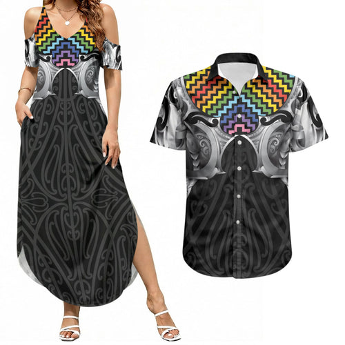Aotearoa Kowhaiwhai Poutama Rainbow Motif Couples Matching Summer Maxi Dress and Hawaiian Shirt