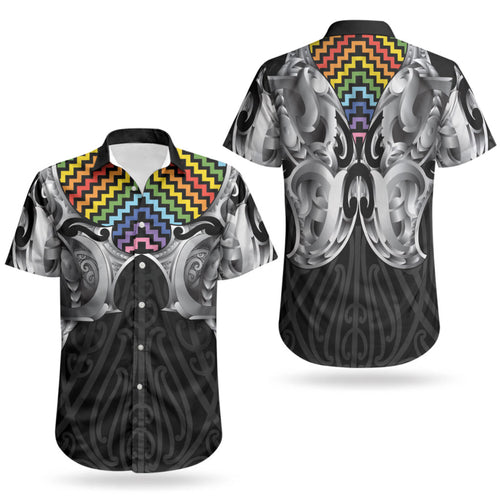 Aotearoa Kowhaiwhai Poutama Rainbow Motif Couples Matching Summer Maxi Dress and Hawaiian Shirt