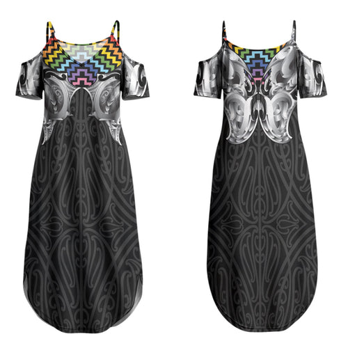 Aotearoa Kowhaiwhai Poutama Rainbow Motif Couples Matching Summer Maxi Dress and Hawaiian Shirt