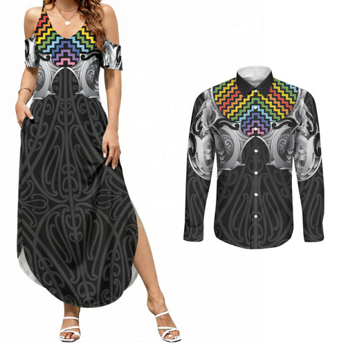 Aotearoa Kowhaiwhai Poutama Rainbow Motif Couples Matching Summer Maxi Dress and Long Sleeve Button Shirt