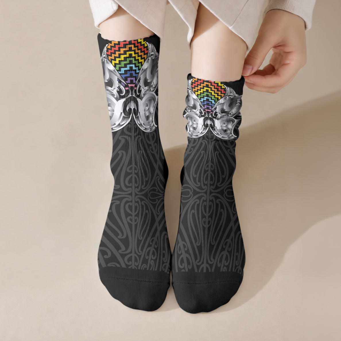 Aotearoa Kowhaiwhai Poutama Rainbow Motif Crew Socks