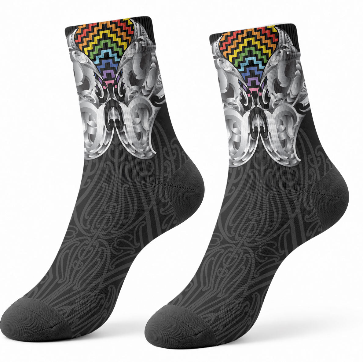 Aotearoa Kowhaiwhai Poutama Rainbow Motif Crew Socks