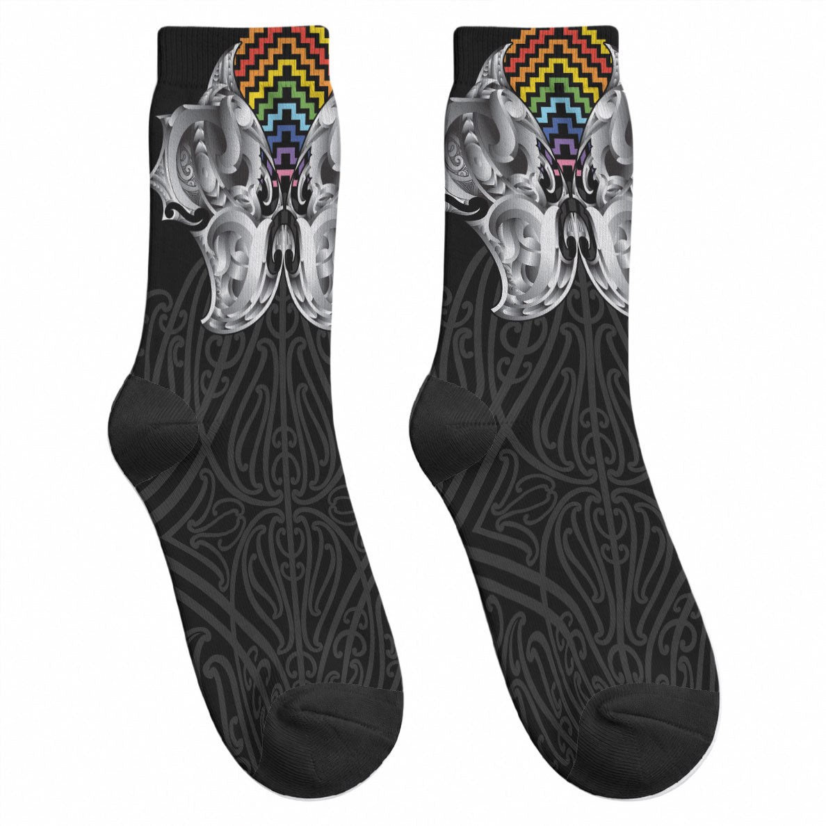Aotearoa Kowhaiwhai Poutama Rainbow Motif Crew Socks