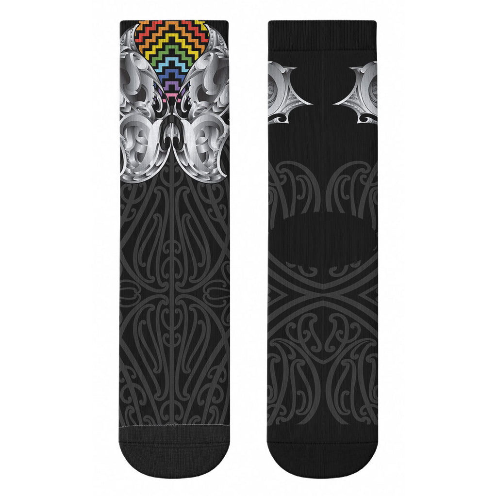 Aotearoa Kowhaiwhai Poutama Rainbow Motif Crew Socks