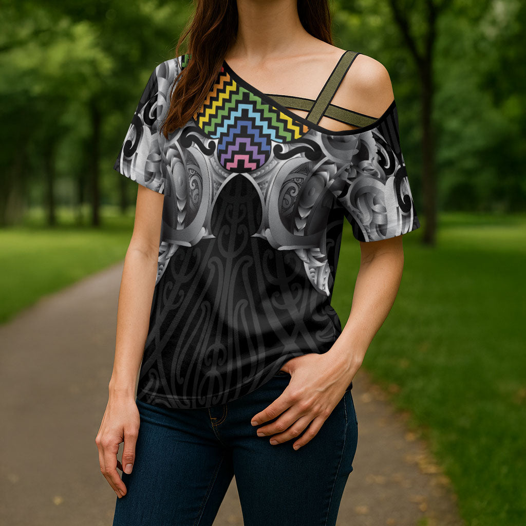 Aotearoa Kowhaiwhai Poutama Rainbow Motif Cross Shoulder Shirt