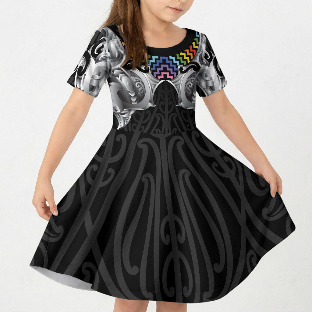 Aotearoa Kowhaiwhai Poutama Rainbow Motif Kid Short Sleeve Dress