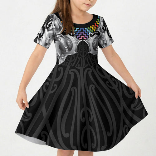 Aotearoa Kowhaiwhai Poutama Rainbow Motif Kid Short Sleeve Dress