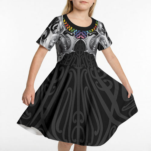 Aotearoa Kowhaiwhai Poutama Rainbow Motif Kid Short Sleeve Dress
