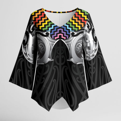 Aotearoa Kowhaiwhai Poutama Rainbow Motif Kimono Sleeve Blouse