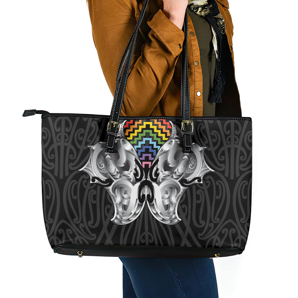 Aotearoa Kowhaiwhai Poutama Rainbow Motif Leather Tote Bag