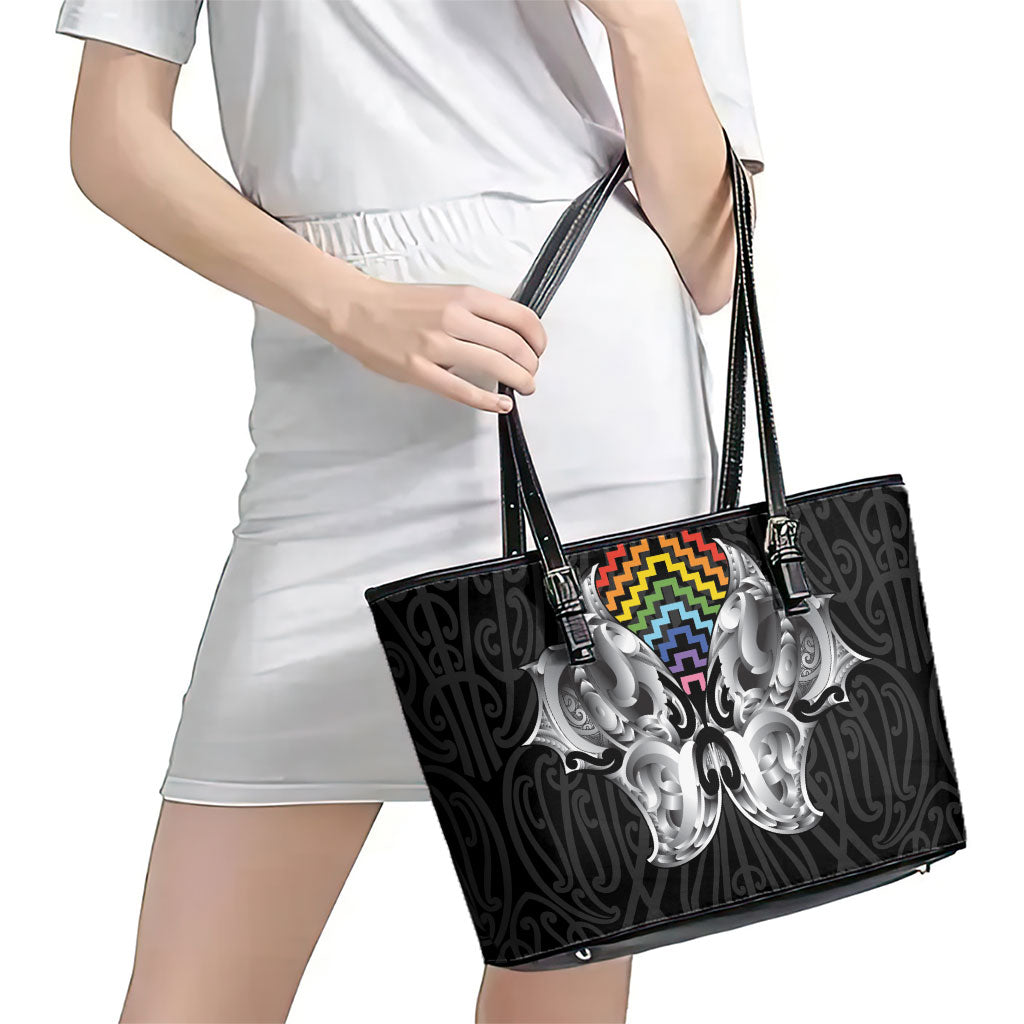 Aotearoa Kowhaiwhai Poutama Rainbow Motif Leather Tote Bag