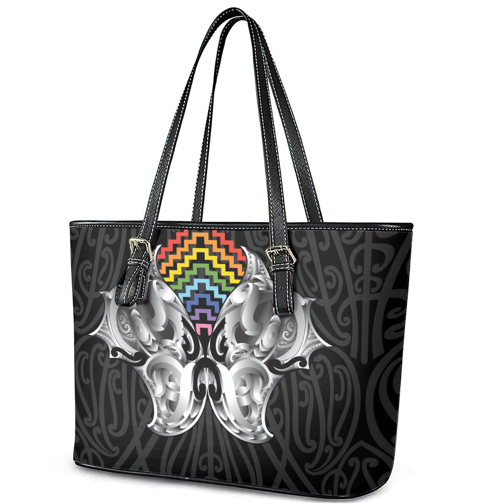 Aotearoa Kowhaiwhai Poutama Rainbow Motif Leather Tote Bag
