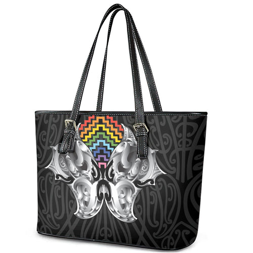 Aotearoa Kowhaiwhai Poutama Rainbow Motif Leather Tote Bag