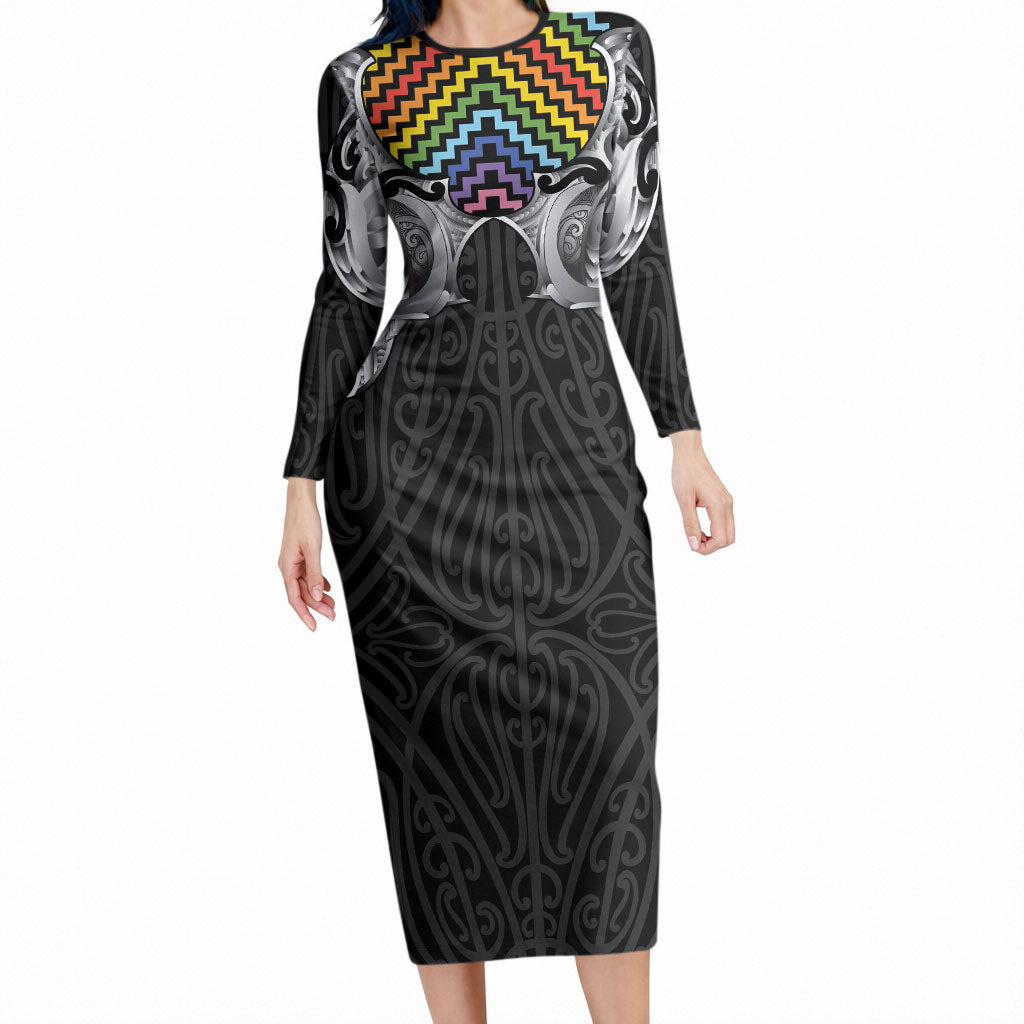 Aotearoa Kowhaiwhai Poutama Rainbow Motif Long Sleeve Bodycon Dress