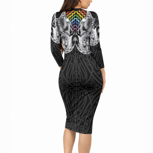 Aotearoa Kowhaiwhai Poutama Rainbow Motif Long Sleeve Bodycon Dress