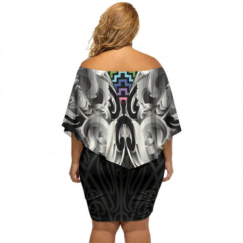 Aotearoa Kowhaiwhai Poutama Rainbow Motif Off Shoulder Short Dress