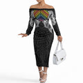 Aotearoa Kowhaiwhai Poutama Rainbow Motif Off The Shoulder Long Sleeve Dress