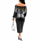 Aotearoa Kowhaiwhai Poutama Rainbow Motif Off The Shoulder Long Sleeve Dress