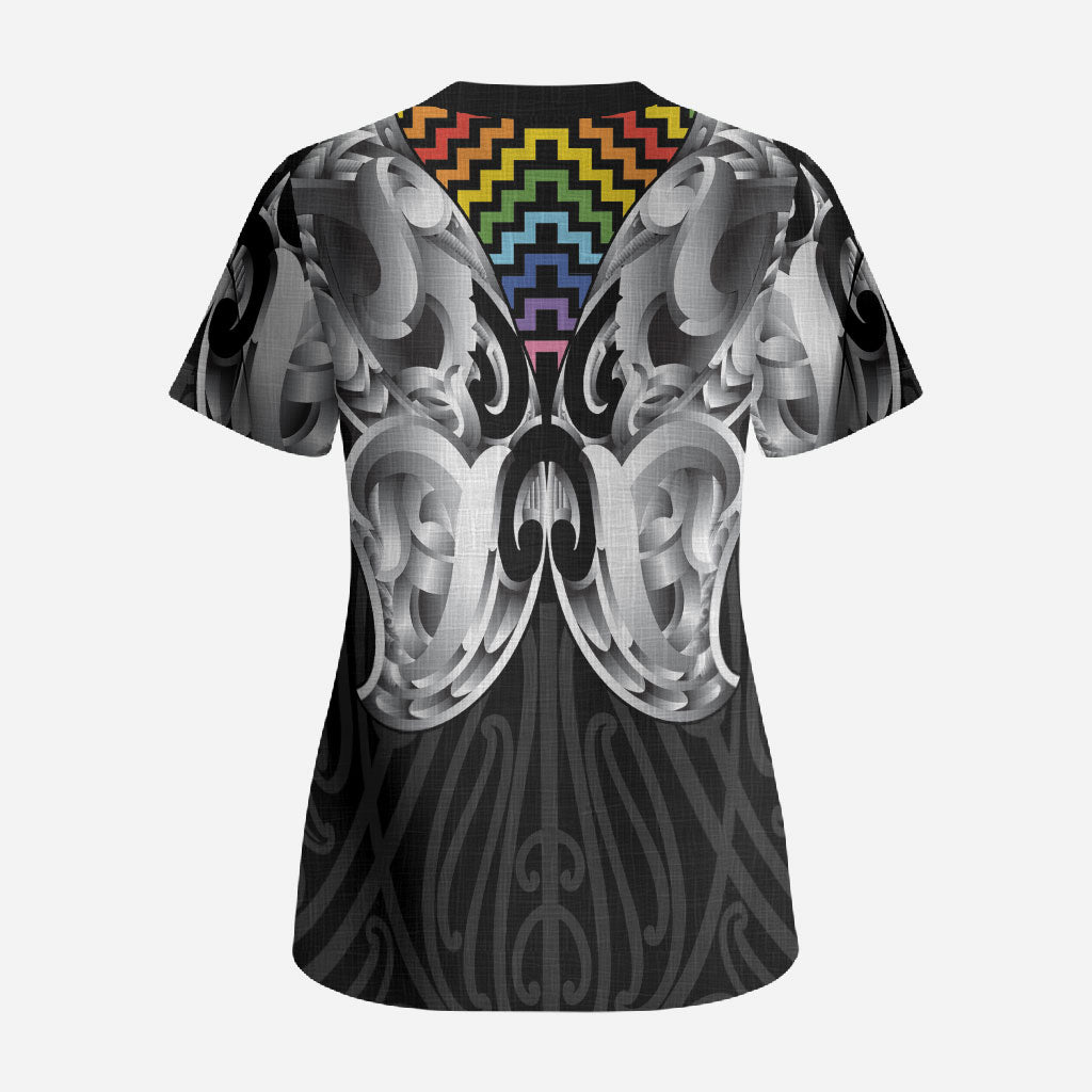 Aotearoa Kowhaiwhai Poutama Rainbow Motif Scrub Top