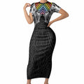 Aotearoa Kowhaiwhai Poutama Rainbow Motif Short Sleeve Bodycon Dress