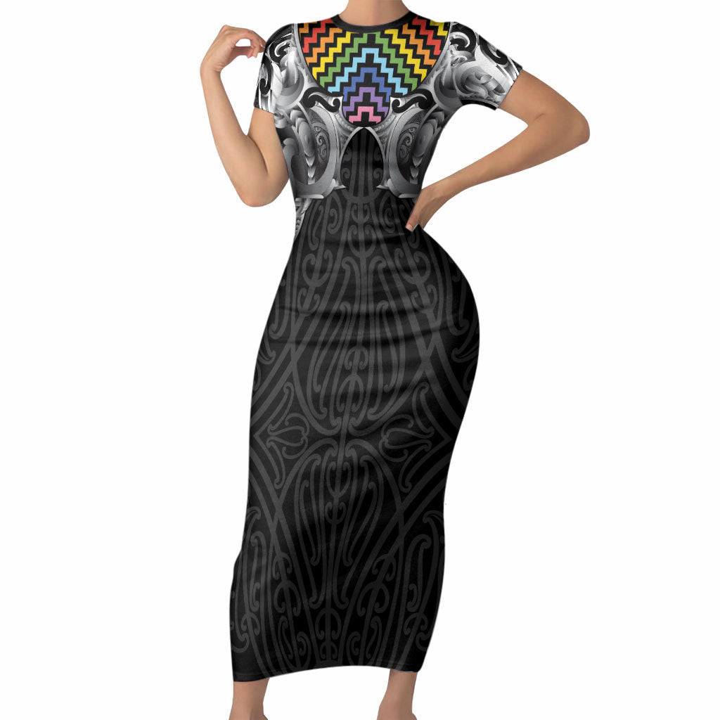 Aotearoa Kowhaiwhai Poutama Rainbow Motif Short Sleeve Bodycon Dress