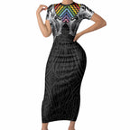 Aotearoa Kowhaiwhai Poutama Rainbow Motif Short Sleeve Bodycon Dress