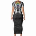 Aotearoa Kowhaiwhai Poutama Rainbow Motif Short Sleeve Bodycon Dress