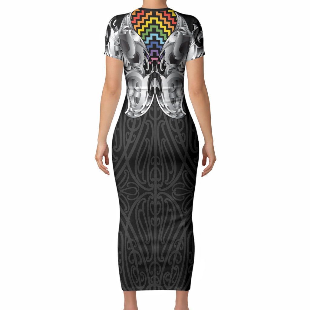 Aotearoa Kowhaiwhai Poutama Rainbow Motif Short Sleeve Bodycon Dress