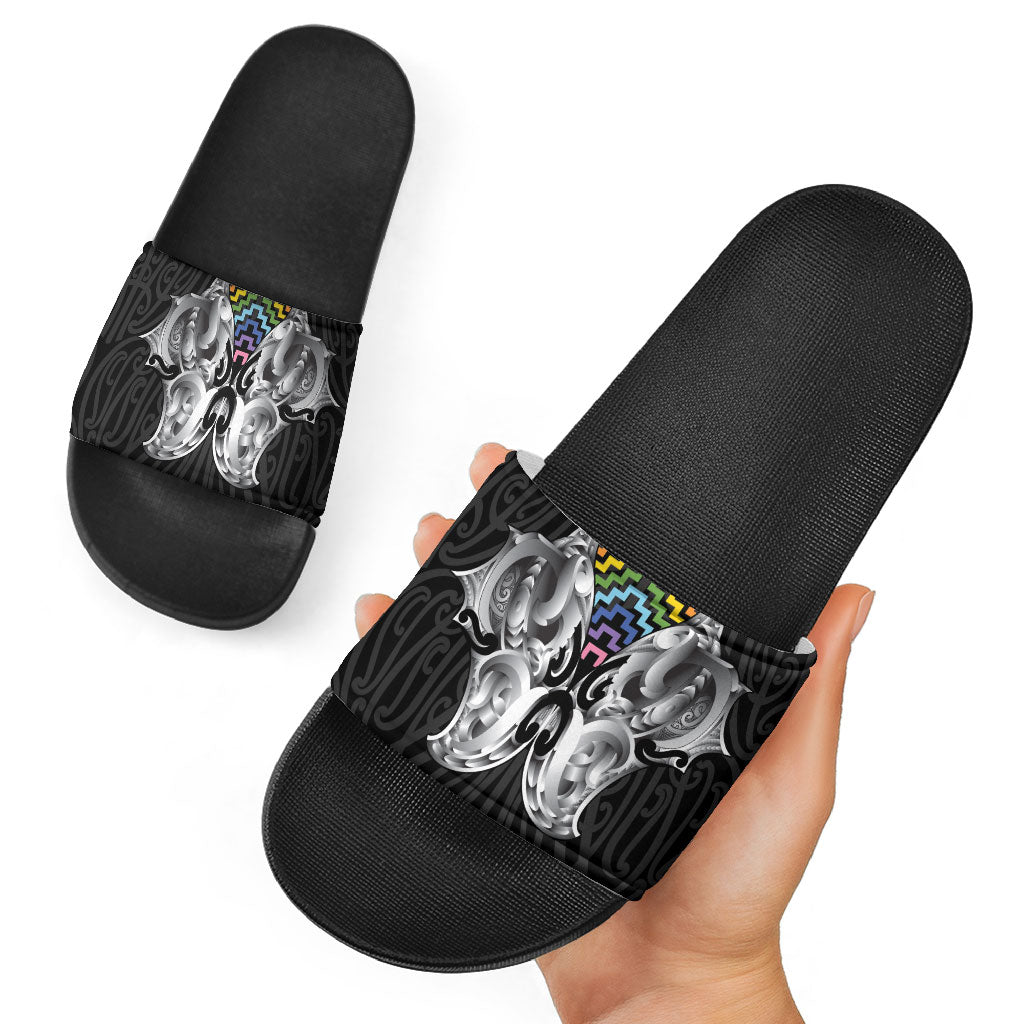 Aotearoa Kowhaiwhai Poutama Rainbow Motif Slide Sandals