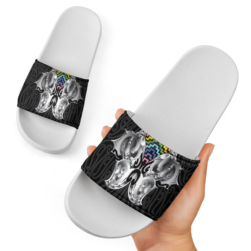 Aotearoa Kowhaiwhai Poutama Rainbow Motif Slide Sandals