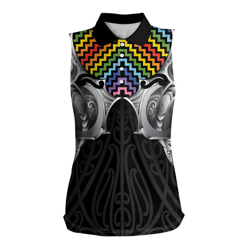 Aotearoa Kowhaiwhai Poutama Rainbow Motif Women Sleeveless Polo Shirt