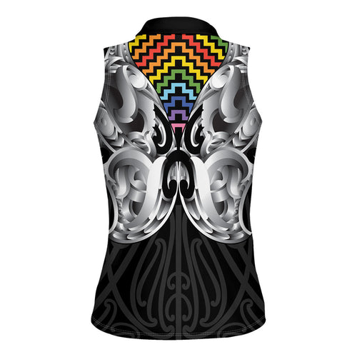 Aotearoa Kowhaiwhai Poutama Rainbow Motif Women Sleeveless Polo Shirt