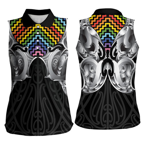 Aotearoa Kowhaiwhai Poutama Rainbow Motif Women Sleeveless Polo Shirt