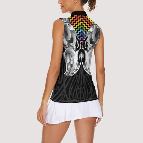 Aotearoa Kowhaiwhai Poutama Rainbow Motif Women Sleeveless Polo Shirt
