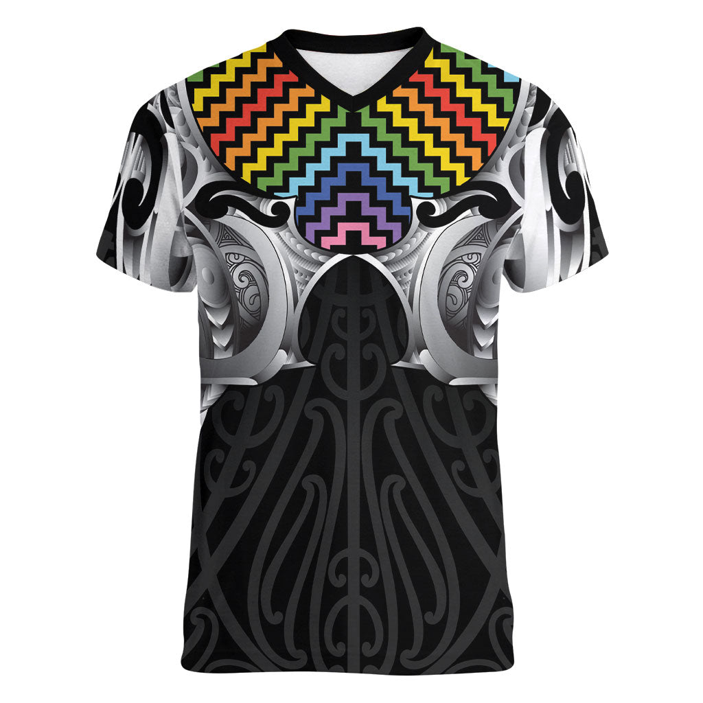 Aotearoa Kowhaiwhai Poutama Rainbow Motif Women V-Neck T-Shirt