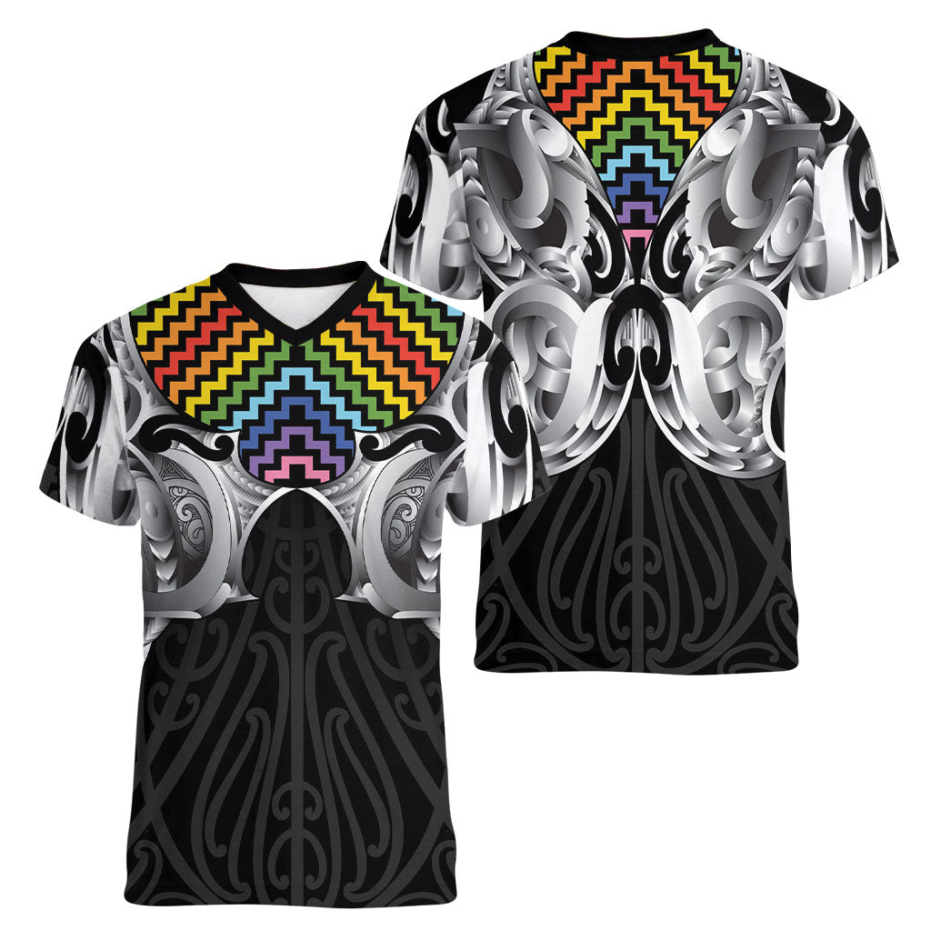 Aotearoa Kowhaiwhai Poutama Rainbow Motif Women V-Neck T-Shirt