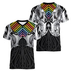 Aotearoa Kowhaiwhai Poutama Rainbow Motif Women V-Neck T-Shirt