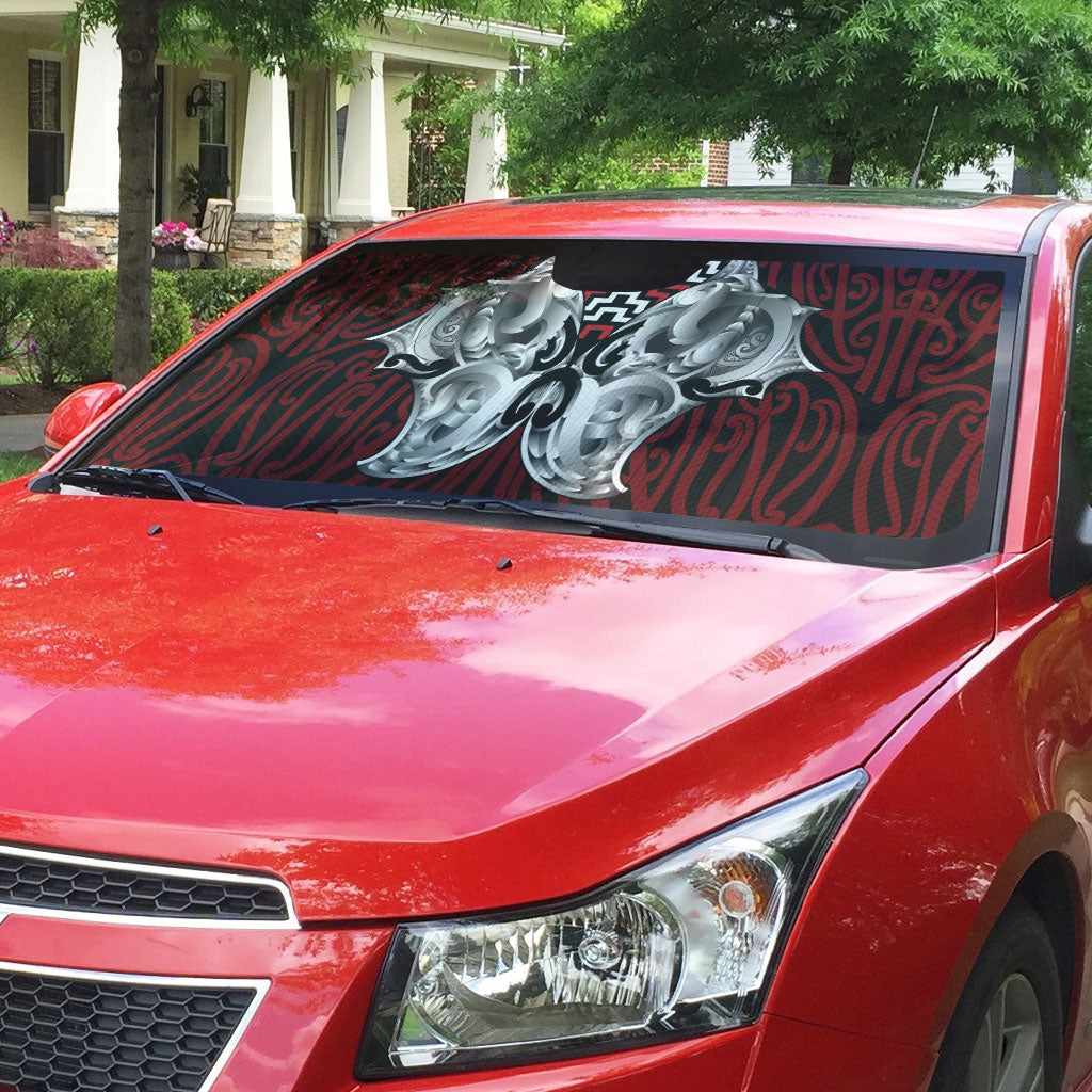 Aotearoa Kowhaiwhai Poutama Red Motif Auto Sun Shade
