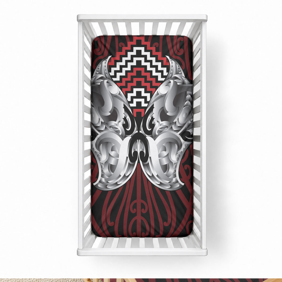 Aotearoa Kowhaiwhai Poutama Red Motif Baby Bed Cover