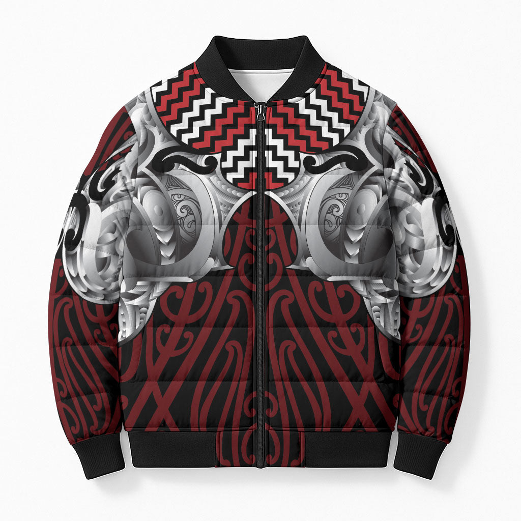 Aotearoa Kowhaiwhai Poutama Red Motif Bomber Puffer Jacket
