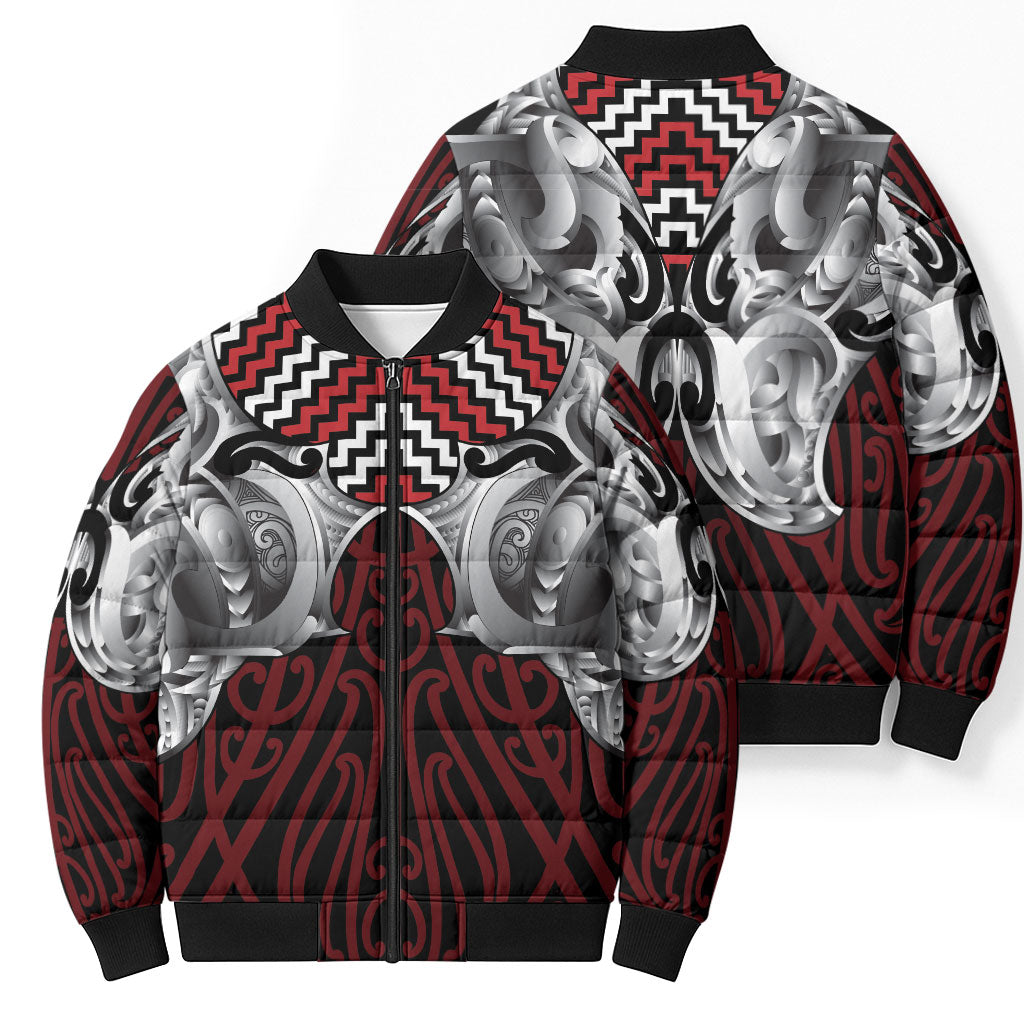 Aotearoa Kowhaiwhai Poutama Red Motif Bomber Puffer Jacket
