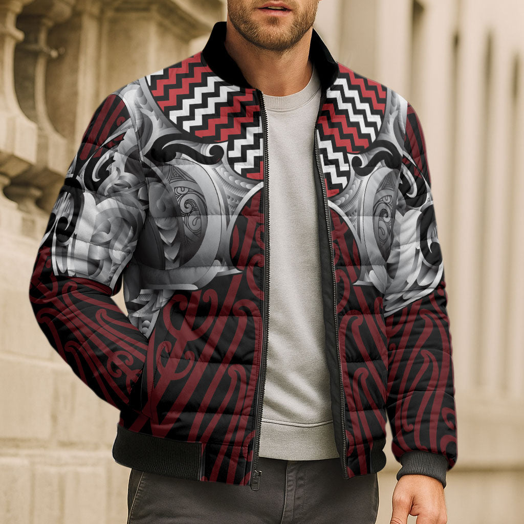 Aotearoa Kowhaiwhai Poutama Red Motif Bomber Puffer Jacket