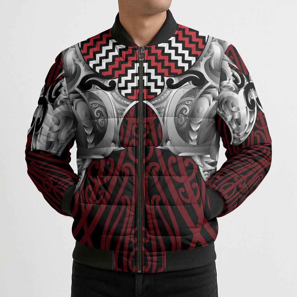 Aotearoa Kowhaiwhai Poutama Red Motif Bomber Puffer Jacket