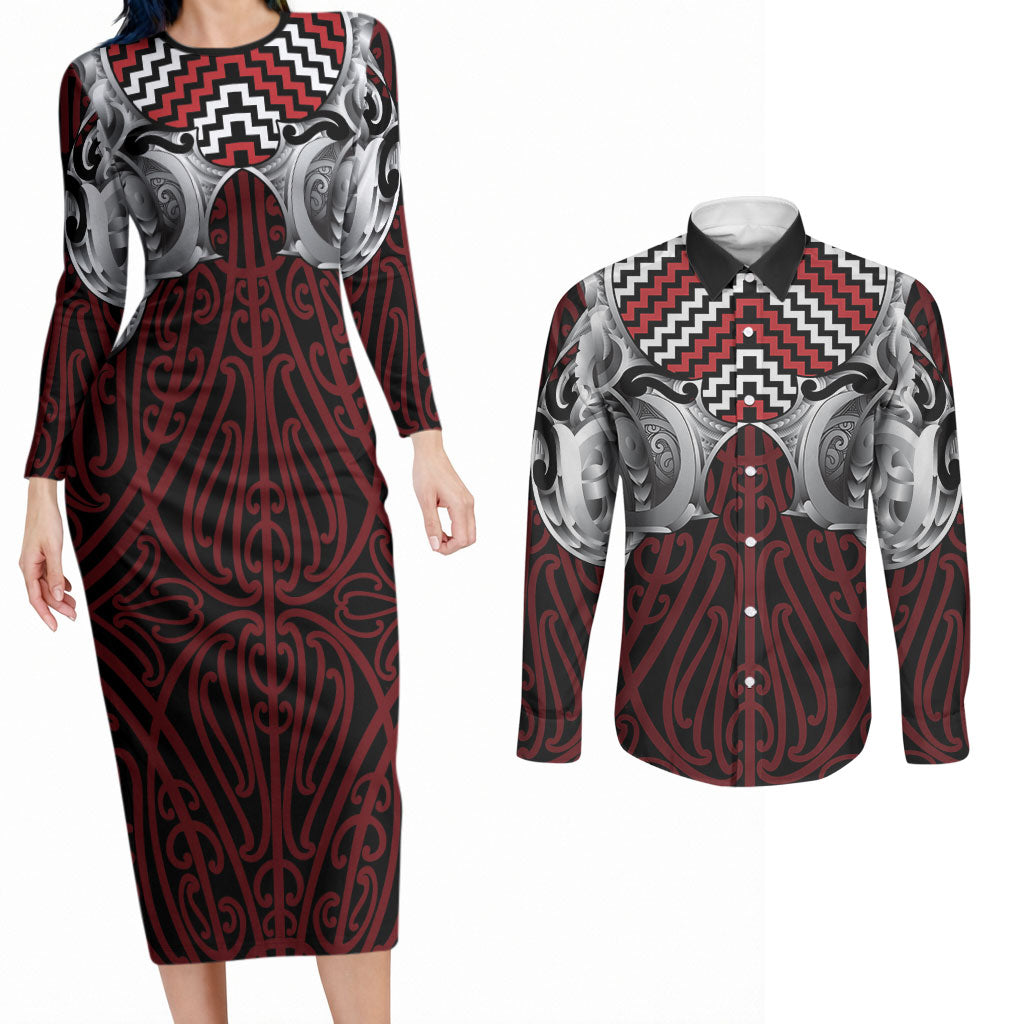 Aotearoa Kowhaiwhai Poutama Red Motif Couples Matching Long Sleeve Bodycon Dress and Long Sleeve Button Shirt
