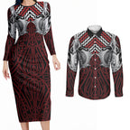 Aotearoa Kowhaiwhai Poutama Red Motif Couples Matching Long Sleeve Bodycon Dress and Long Sleeve Button Shirt
