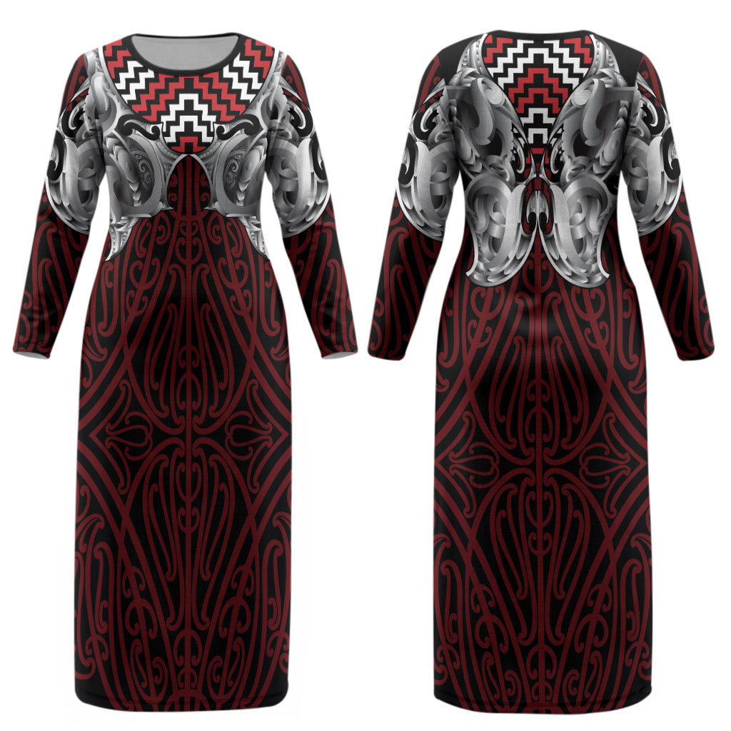Aotearoa Kowhaiwhai Poutama Red Motif Couples Matching Long Sleeve Bodycon Dress and Long Sleeve Button Shirt