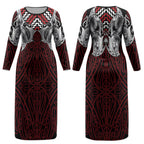Aotearoa Kowhaiwhai Poutama Red Motif Couples Matching Long Sleeve Bodycon Dress and Long Sleeve Button Shirt