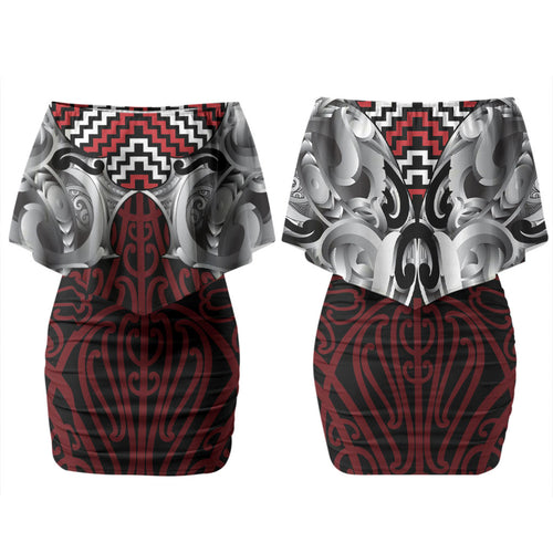 Aotearoa Kowhaiwhai Poutama Red Motif Couples Matching Off Shoulder Short Dress and Hawaiian Shirt