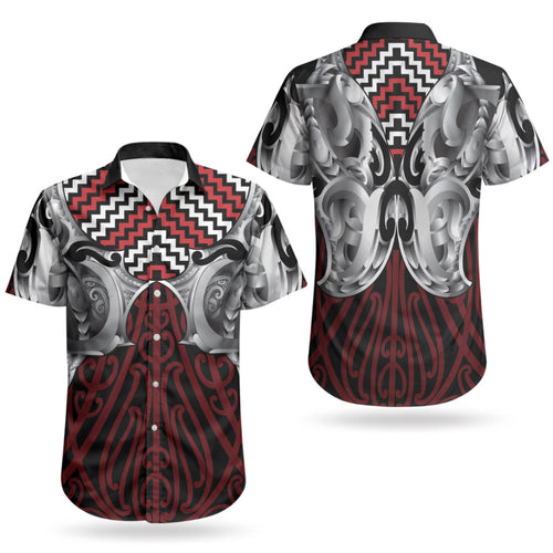 Aotearoa Kowhaiwhai Poutama Red Motif Couples Matching Summer Maxi Dress and Hawaiian Shirt